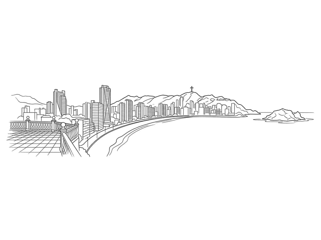 Quiero un tatuaje en horizontal paronamico de la playa de benidorm, zona de levante. Que la paronamica empiece desde el mirador del benidorm, pasando por el paseo maritimo (la playa, paseo, hoteles y apartamentos, la montaña con la cruz de benidorm) y acabe en la isla de benidorm.