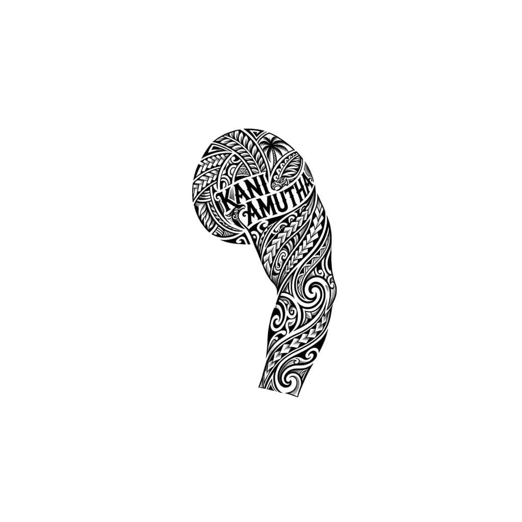 I want a modern Polynesian tribal half sleeve with my wife’s name ‘Kani Amutha’ blended into the upper design, flowing naturally down to the wrist like luxury blackwork