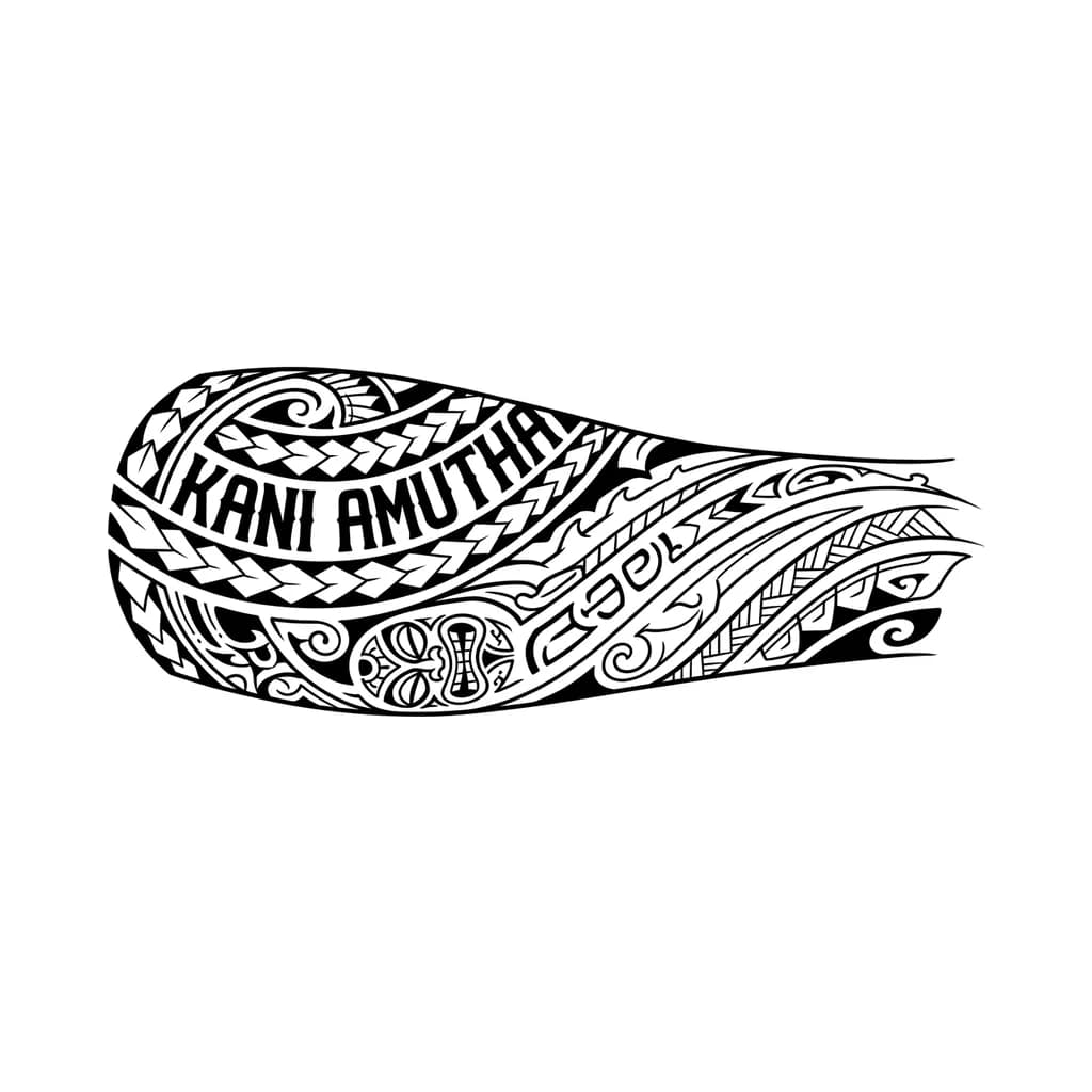I want a modern Polynesian tribal half sleeve with my wife’s name ‘Kani Amutha’ blended into the upper design, flowing naturally down to the wrist like luxury blackwork