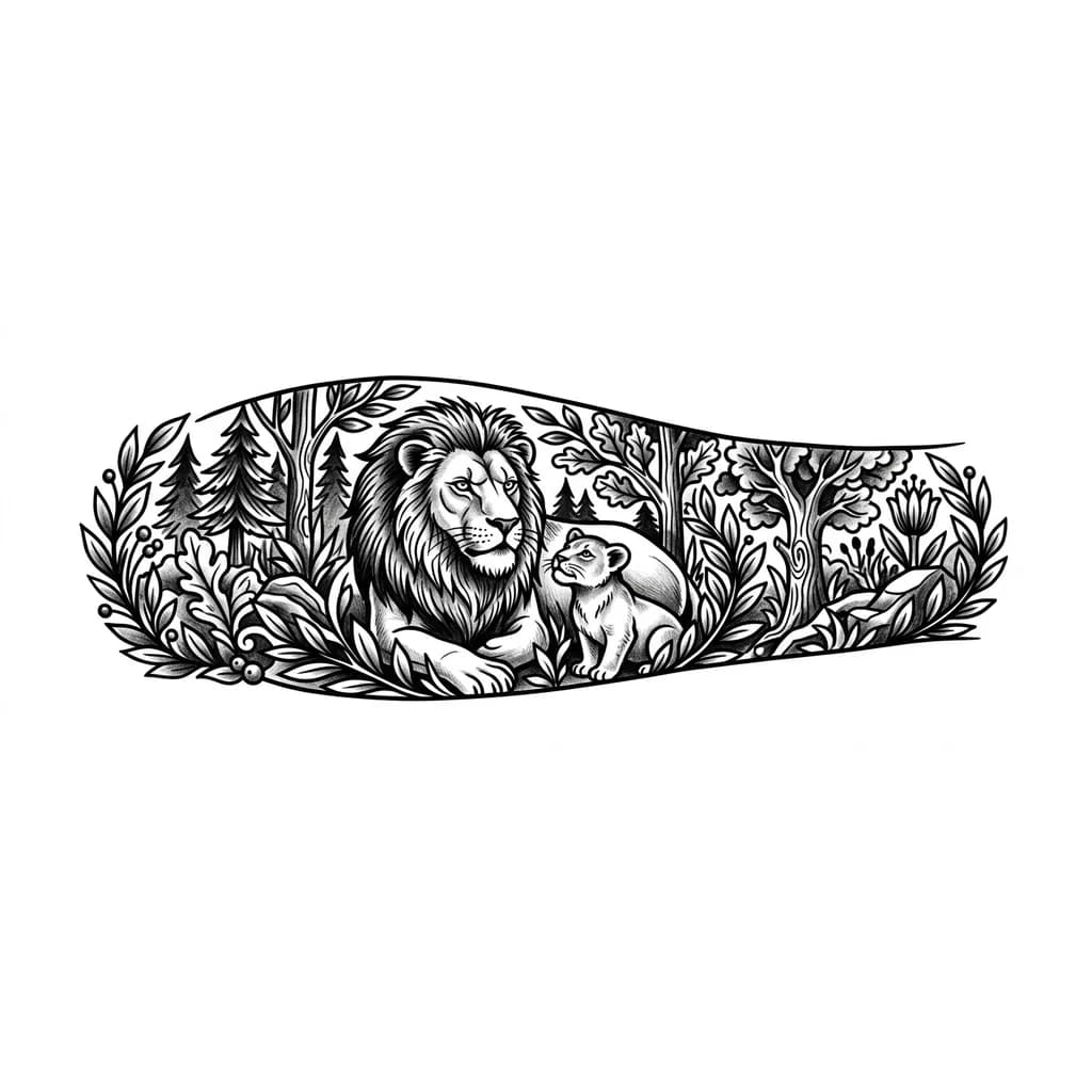 Lion and cub in a dense forest design for hand