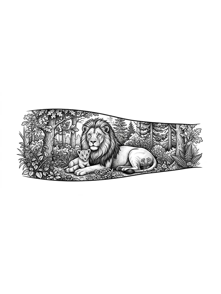 Lion and cub in a dense forest design for hand