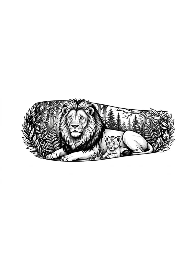 Lion and cub in a dense forest design for hand