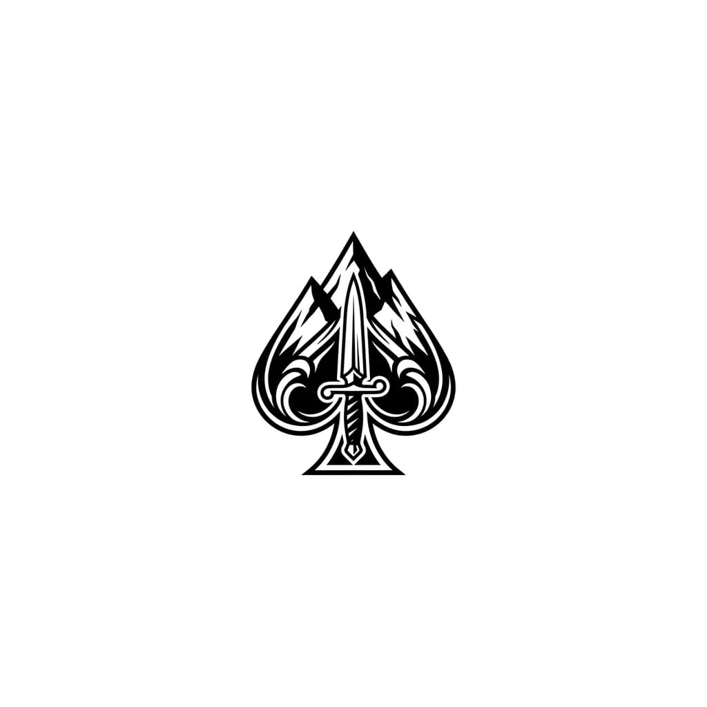 Minimalist black tattoo, black spade symbol merged with mountain peaks, thin caucasian dagger inside the spade, dark masculine aesthetic, geometric style, clean tattoo stencil, blackwork, sharp lines, small chest tattoo