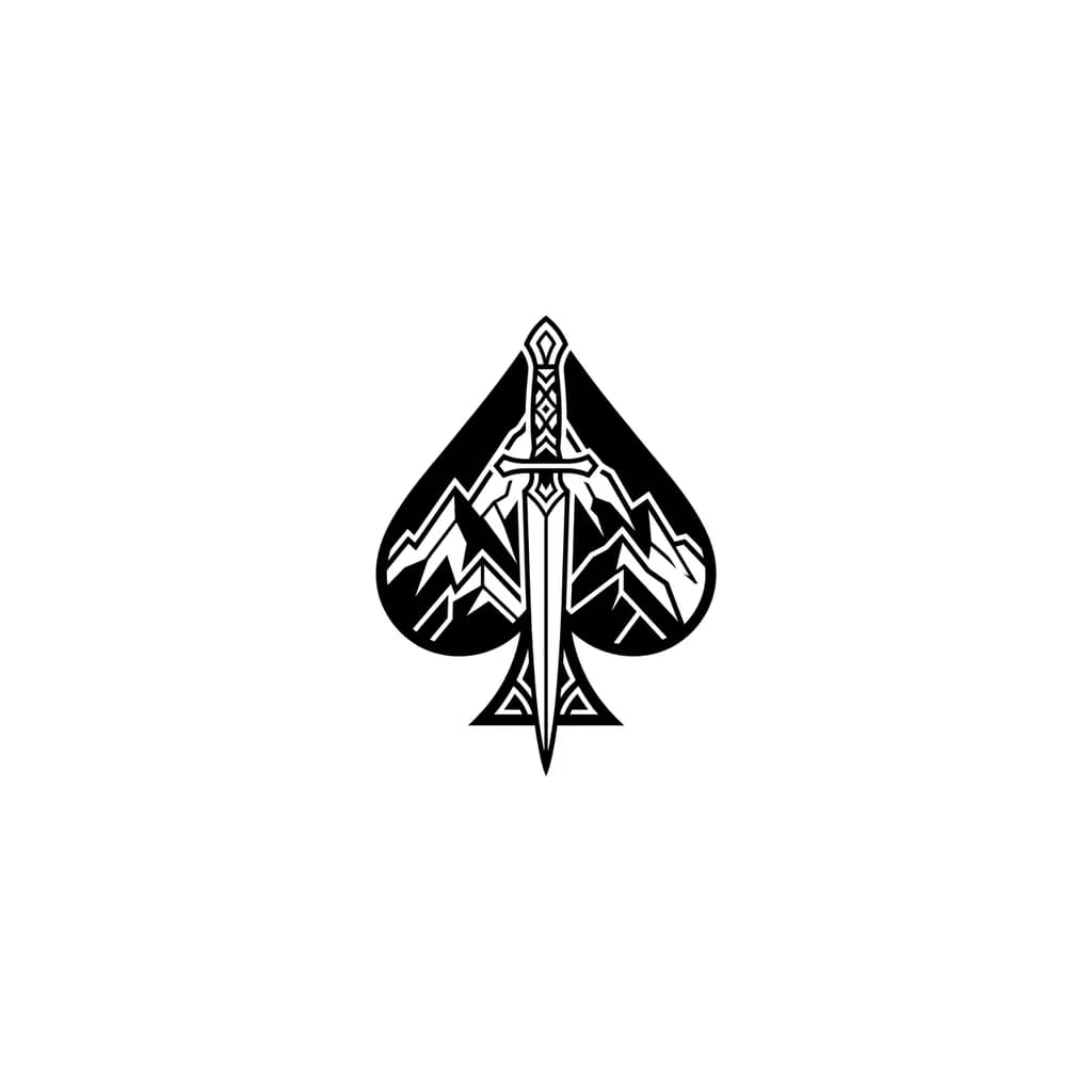 Minimalist black tattoo, black spade symbol merged with mountain peaks, thin caucasian dagger inside the spade, dark masculine aesthetic, geometric style, clean tattoo stencil, blackwork, sharp lines, small chest tattoo