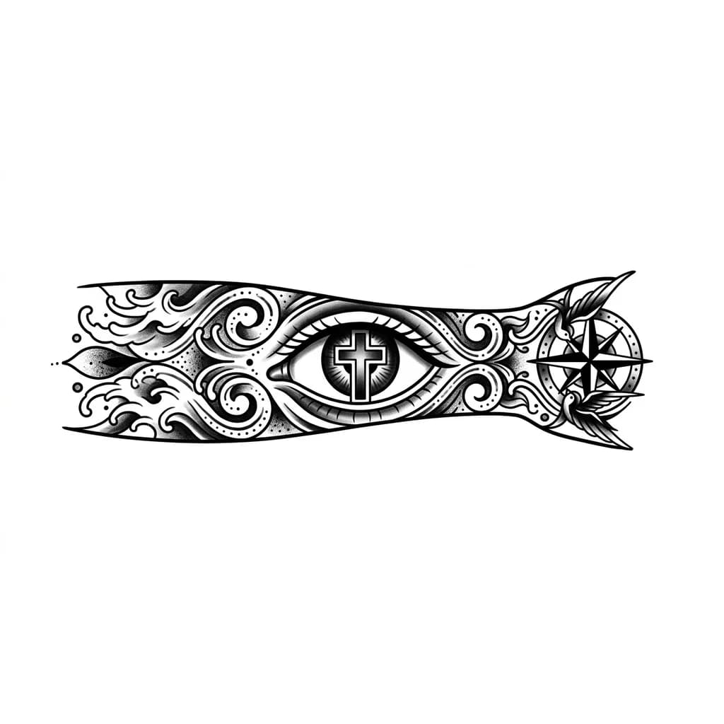 It’s basically a detailed eye with a cross in middle of it and I want the design to extend to my hand but the eye be on forearm for a men but eye sideways