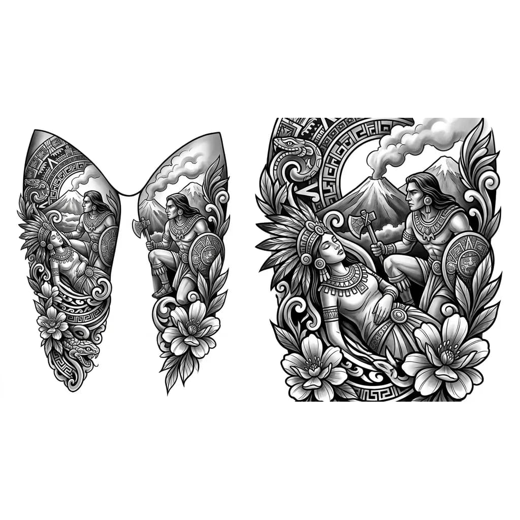 I would like to create a right thigh to ankle tattoo. I want to make the aztec popocatépetl and iztaccíhuatl my main pice and i want to fill it in with flowers and some aztec designs
