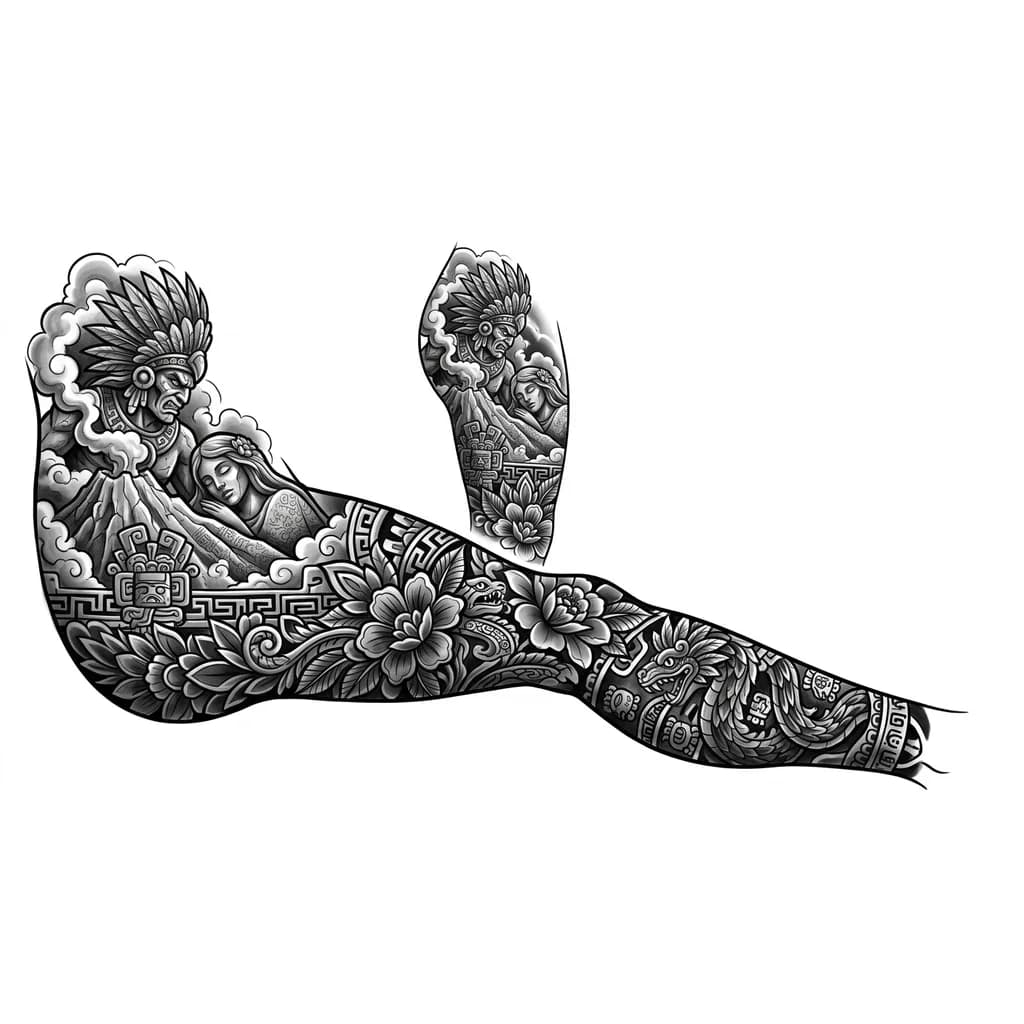 I would like to create a right outer thigh to ankle tattoo. I want to make the aztec popocatépetl and iztaccíhuatl my main pice and i want to fill it in with flowers and some aztec designs