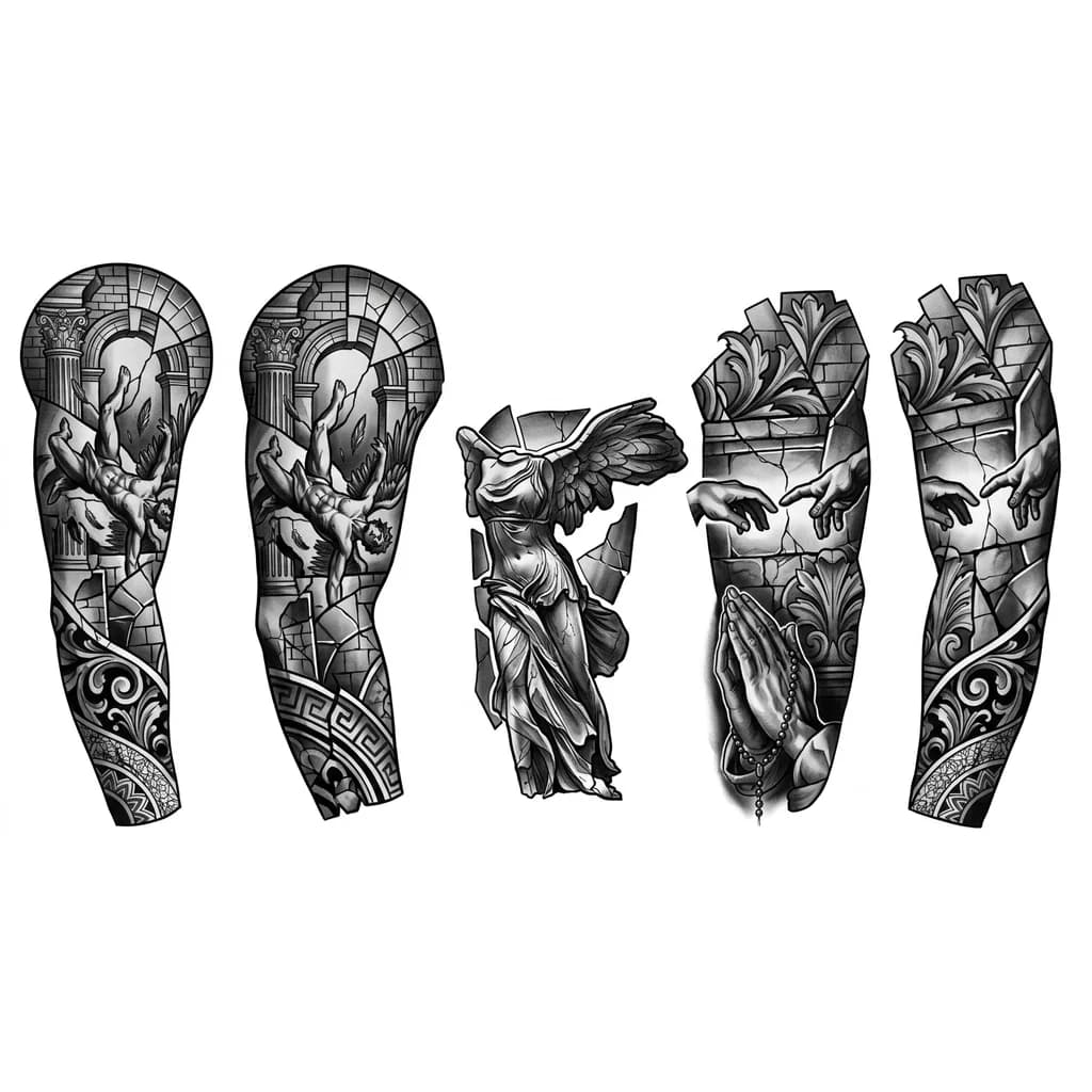 Roman patchwork style black, whites and greys some detail but not too much. Use mix of statues, mythology, architecture but also include Icarus falling. It will be for a left arm. Include the following aswell: two fingers touching, praying hands with rosary beads, a ruin of a female body statue with wings