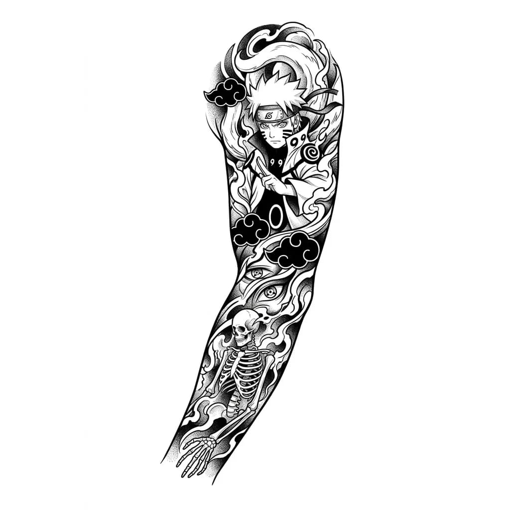 Full arm Naruto anime tattoo sleeve, manga blackwork style, ultra detailed line art, flowing composition from shoulder to wrist, Naruto Uzumaki sage mode, Kurama fox aura, Akatsuki clouds, Sharingan eyes, Susanoo skeleton, Japanese smoke and ink effects, dark manga aesthetic, tattoo stencil design, high contrast black and grey, professional tattoo composition, seamless sleeve flow, negative space, highly detailed, no color, white background --ar 2:3 --v 7 --stylize 200