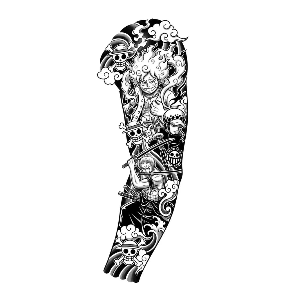 Full One Piece anime tattoo sleeve, ultra detailed manga tattoo design, Monkey D Luffy gear 5, Zoro swords, Trafalgar Law, pirate symbols, waves, haki aura, japanese clouds and smoke, blackwork anime tattoo, highly detailed line art, flowing sleeve composition from shoulder to wrist, tattoo stencil style, white background --ar 9:16 --v 7