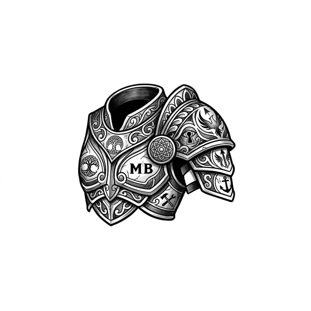 > “Diseño de tatuaje para pecho y hombro masculino en forma de pauldron de un solo hombro, como una armadura ornamental que cubre el hombro, parte del pectoral y se extiende ligeramente hacia la espalda. Incluir símbolos sutiles de estos valores en este orden: familia, espiritualidad, juegos de Mario Bros, misterio, ambición y recordarme disciplina.
