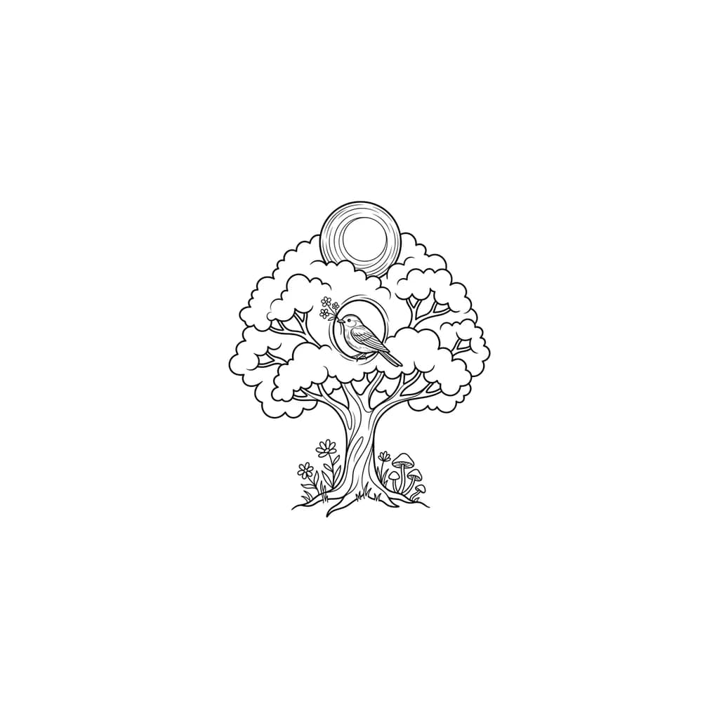fluffy tree with small hollow circle with bird in it with flowers in his beak big full moon in the sky top and some little mushrooms flowers on the ground