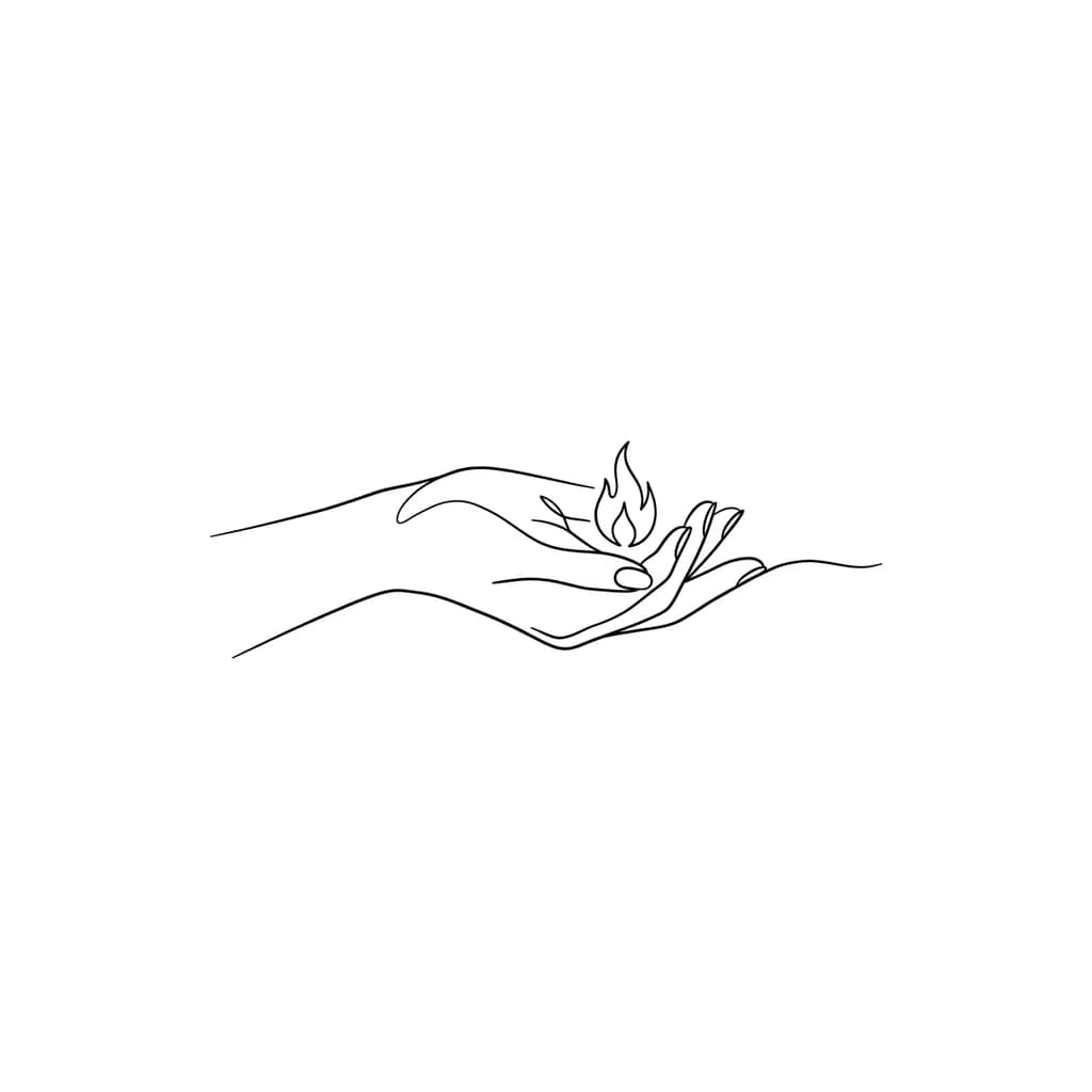 minimalist single-line tattoo of a soft hand gently cupping a tiny flame, emotionally quiet, asymmetrical, imperfect human linework, notebook sketch feeling, lots of negative space, delicate fine line, symbolic tenderness, no realism, no shading, no details, intimate and protective