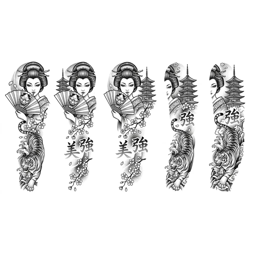 Quiero la parte de arriba, tal cual como se vea las chicas una geisha que tenga un abanico que el abanico tenga la cara del demonio japonés la geisha con bastantes pestañas bonitas al lado una torre de esa japonesa luego bajando florecitas de cerezo con las dos letras japonesas así con sombras que sea con la piel y luego hacia abajo, pues el tigre japones completo realismo con una mirada bonita