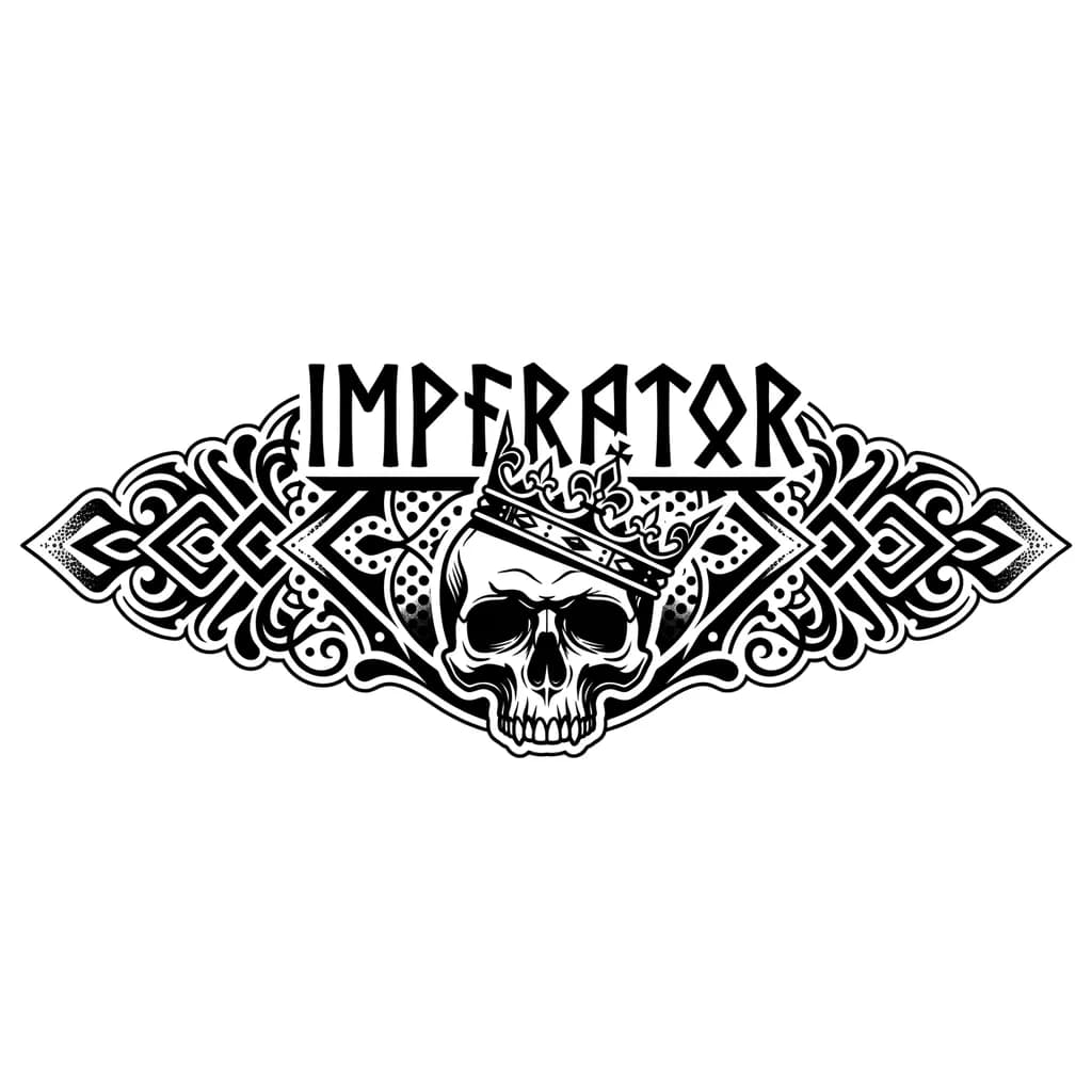 Quiero que escribas la palabra imperator con letras nórdicas y debajo una calavera con una corona puesta media caida