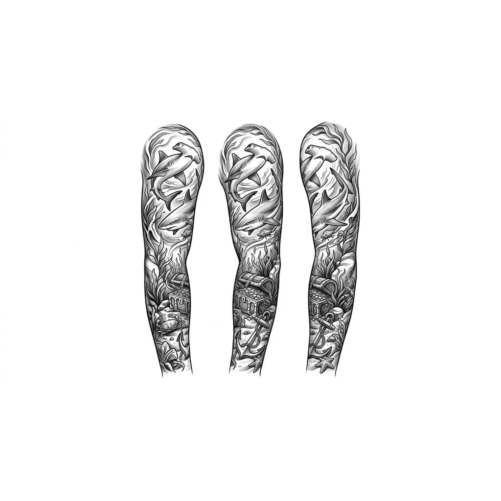 Unterarm sleeve mit Haien, Schatztruhe und Anker am Meeresboden Zwischendrin Algen und andere Meeresbewohner wie Krabben Schwarz, weiß und grau