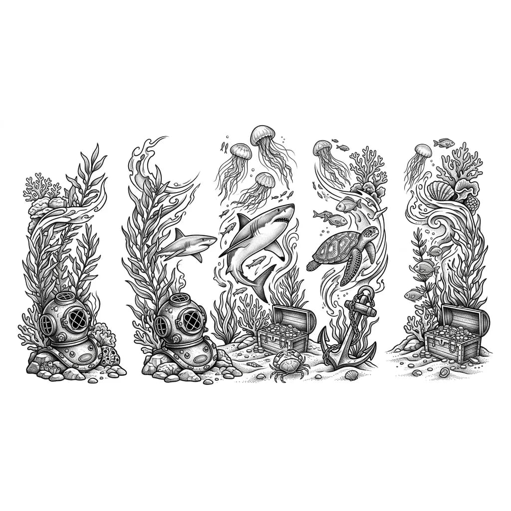 Unterarm sleeve mit Haien, Schatztruhe und Anker am Meeresboden Zwischendrin ein paar Algen und Meeresbewohner wie Schildkröten, Quallen und Krabben Schwarz, weiß und grau
Meeresboden ganz unten alles andere darüber
Am Meeresboden die Schatztruhe und den alten, rostigen Anker und einen alten Taucherhelm
