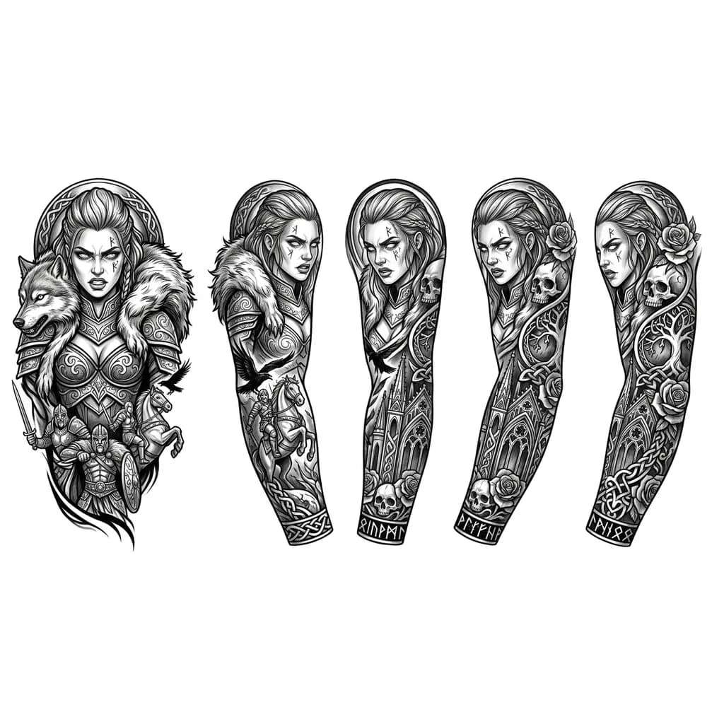 Hello, can you make a Valkyrie or Scandinavian woman in armor more aggressive, but with expressive lips and a little sexier to make the cleavage bigger, you can create blood or rune patterns on the face, whiter eyes, maybe a wolf's fur coat with a head around it