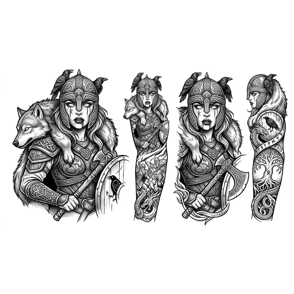 Hello, can you make a Valkyrie or Scandinavian woman in armor more aggressively, but with expressive lips and a little sexier, to have more cleavage, you can create blood or rune patterns on the face, whiter eyes, maybe a wolf's fur coat with a head around it, so that the lips are juicy and with blood, so that the face is beautiful, or give her more eroticism