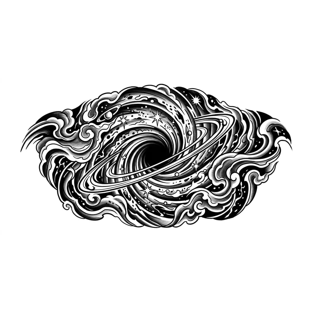 Full back tattoo design of an abstract cosmic black hole in modern blackwork japanese style. Gravitational spiral consuming stars and space. Nebula smoke patterns inspired by irezumi clouds. Massive central composition with ornamental celestial geometry and hypnotic orbital rings. Heavy black shading with strong negative space. Spiritual cosmic entity aesthetic, elegant flow, dark astral symbolism, tattoo stencil artwork.