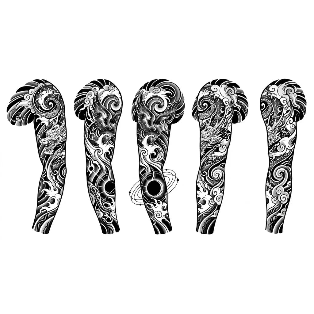 Full sleeve tattoo in cosmic blackwork and neo oriental style. Flowing gravitational lines wrapping around the arm anatomy. Abstract astral symbols, eclipse patterns, orbital geometry, hidden celestial eyes and cyber tribal textures. Heavy black contrast mixed with smooth negative space. Seamless flow from shoulder to hand, elegant but intimidating cosmic energy aesthetic.