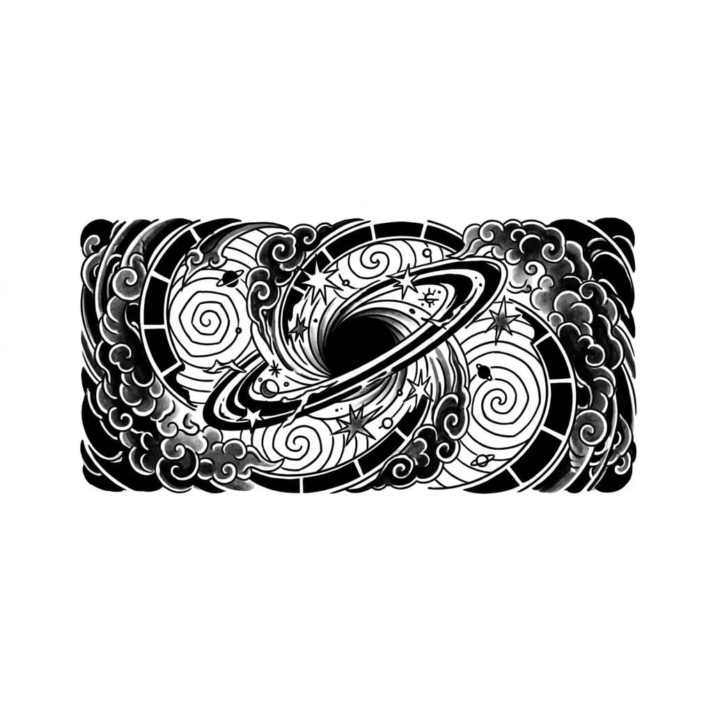 Full back tattoo design of an abstract cosmic black hole in modern blackwork japanese style. Gravitational spiral consuming stars and space. Nebula smoke patterns inspired by irezumi clouds. Massive central composition with ornamental celestial geometry and hypnotic orbital rings. Heavy black shading with strong negative space. Spiritual cosmic entity aesthetic, elegant flow, dark astral symbolism, tattoo stencil artwork.