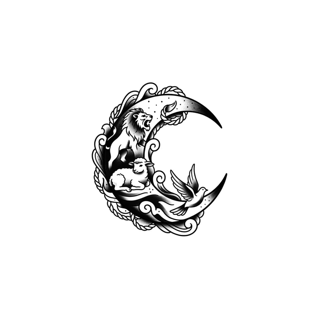 moon with subple
pawprints of lion, lamb and dove as the shadows
