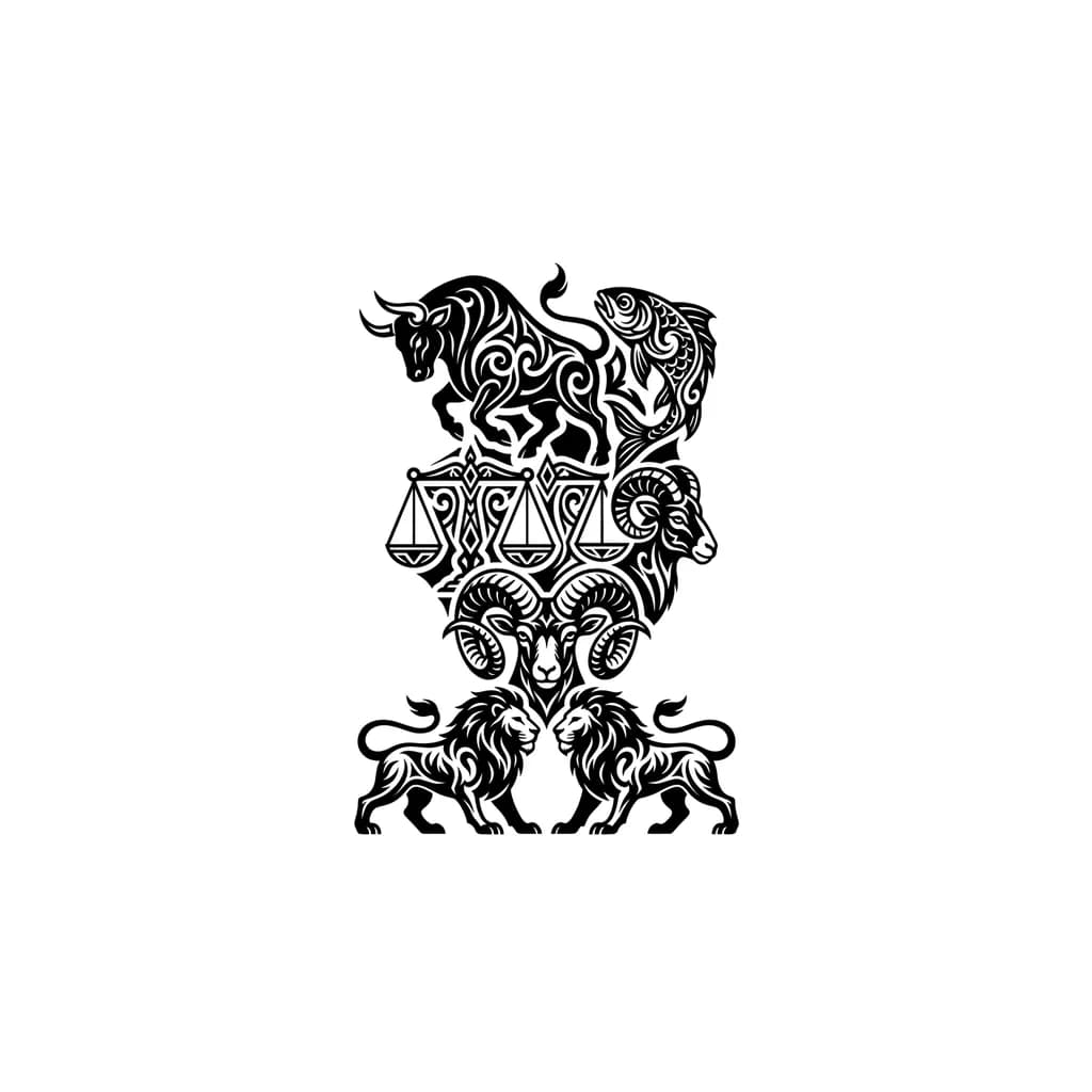 Above is a bull, next to it is a fish, below them is a scale and a ram, below again a ram and then two lions below it
