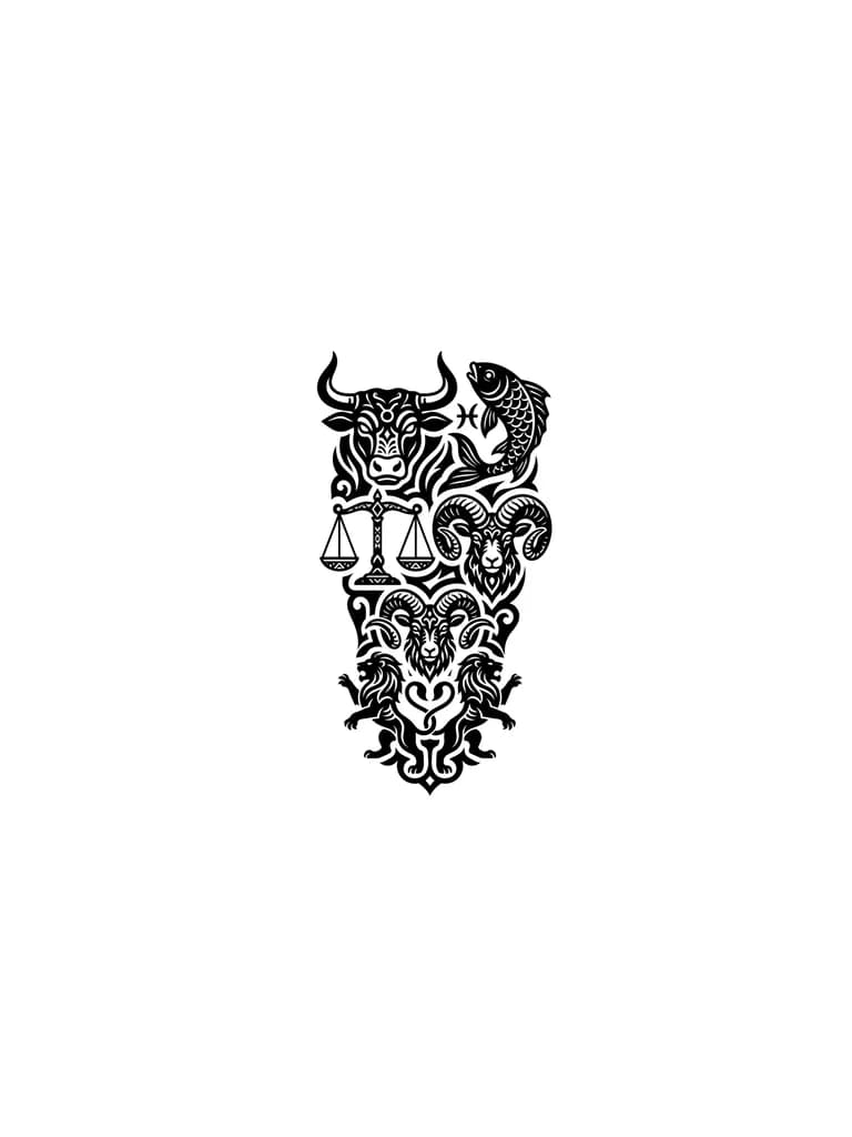 Above is a bull, next to it is a fish, below them is a scale and a ram, below again a ram and then two lions below it zodiac