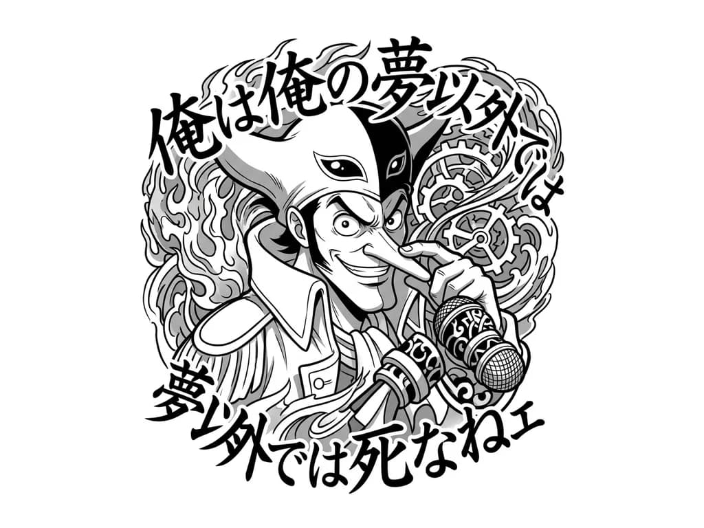 quiero que me pongas esta frase en japonés y que lo hagas así con un estilo japonés las letras bonito uno que veas conveniente y quiero que le añadas algún accesorio característico del personaste zorro de one piece porque la frase es suya y querer que contenga alogcsombleco de zona la frases