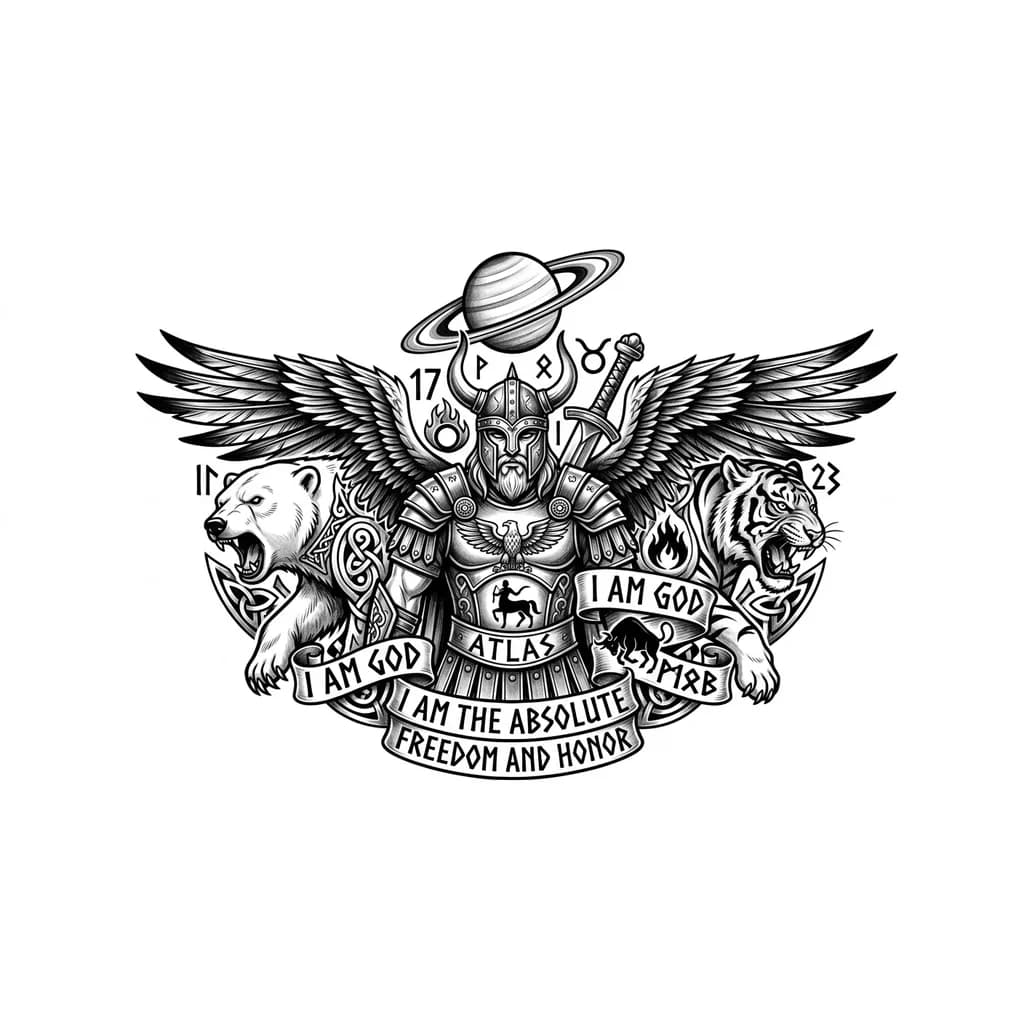 Let's say my nickname is Atlas, because I'm strong. My favorite number is 17, I was born on the 17th. I'm also 23. Taurus, in the year of the fire bull. My philosophy is Freedom and Honor. I love the polar bear, the Amur tiger, and the eagle. I consider myself the Absolute, God, and Power. I enjoy Viking and pagan styles, Roman antique notes, and warrior-like themes.
If I have a sword, let it be on my back. The idea of "I am God," "I am the Absolute," is a must.
Saturn, Centaur, runes