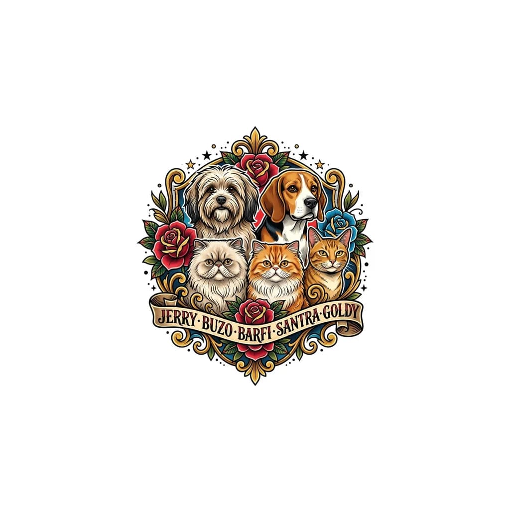 I have 5 pets Dog - Jerry & Buzo Cat - Barfi Santra Goldy give some tatto Ideas jerry is long hair dog buzo is beagle and barfi and santra are persian cats and Goldy is indie cat