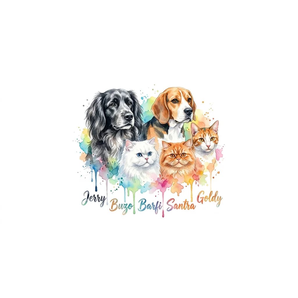 I have 5 pets Dog - Jerry & Buzo Cat - Barfi Santra Goldy give some tatto Ideas jerry is long hair dog buzo is beagle and barfi and santra are persian cats and Goldy is indie cat make jerry black with few white furs and make barfi completely white and santra only orange and goldy also orange with foew white
