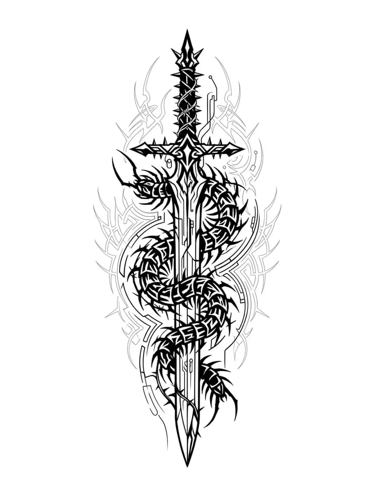 Quiero un diseño de blackwork con tribales cibersigilism. La idea es una espada finita, con un cienpiés rodeándola haciendo una espiral de arriba abajo y un tribal cibersigilism de fondo muy finito. Busco un diseño que dé bastante mal rollo pero a la vez sea chulo de ver