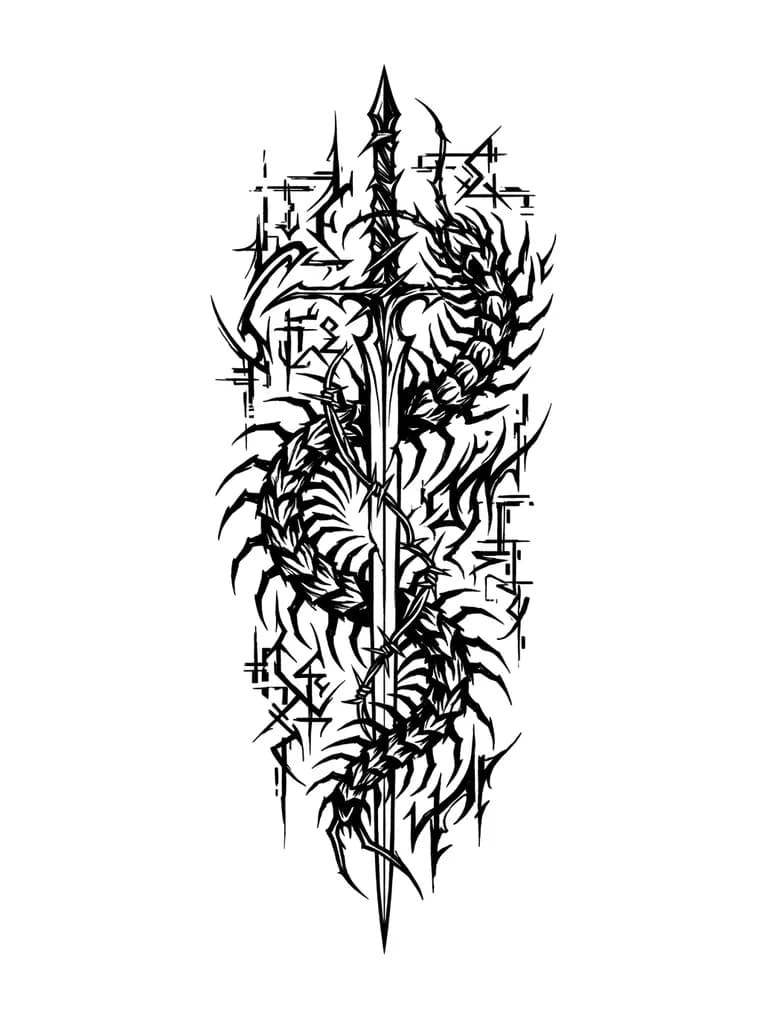 Quiero un diseño de blackwork con tribales cibersigilism. La idea es una espada finita, con un cienpiés rodeándola haciendo una espiral de arriba abajo y un tribal cibersigilism de fondo muy finito. Busco un diseño que dé bastante mal rollo pero a la vez sea chulo de ver. Que no sea muy geométrico, que sea lo más sucio posible