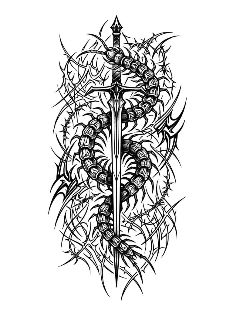 Quiero un diseño de blackwork con tribales cibersigilism. La idea es una espada finita, con un cienpiés rodeándola haciendo una espiral de arriba abajo y un tribal cibersigilism de fondo muy finito. Busco un diseño que dé bastante mal rollo pero a la vez sea chulo de ver. Que no sea muy geométrico, que sea lo más sucio posible
