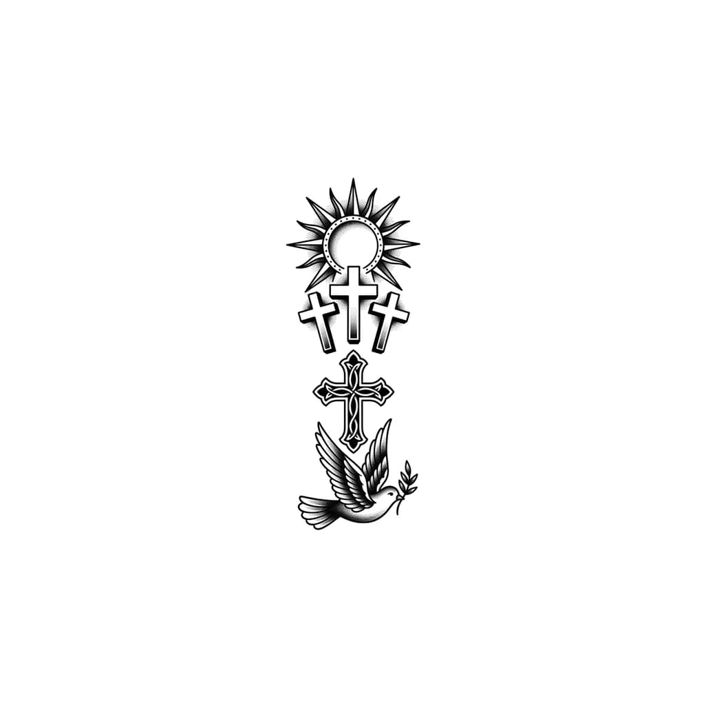 Three crosses in left side of chest and sun in left shoulder and cross in left bicep and dove in left forearm