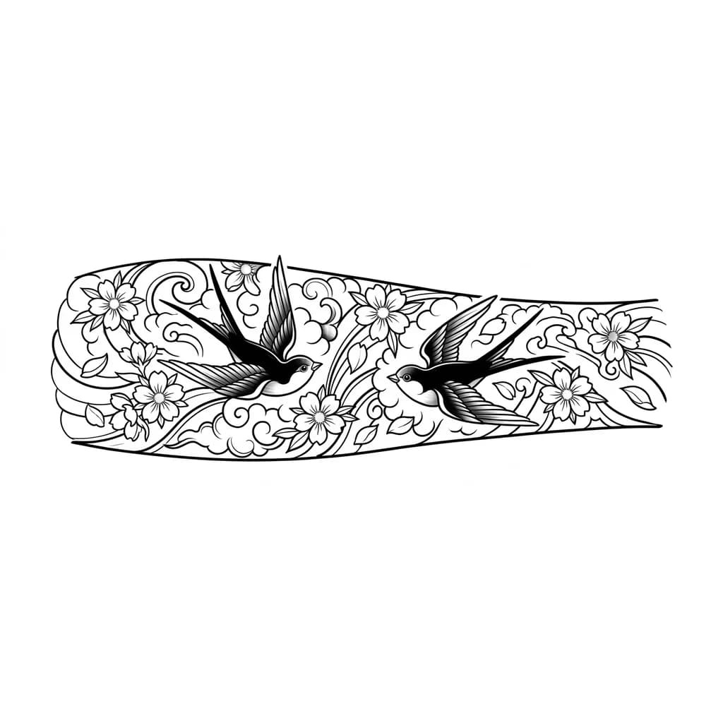 Japanese forearm tattoo, two swallows representing life cycle, one swallow flying upward symbolizing a loved one who passed away, one swallow flying forward symbolizing a new life arriving, surrounded by sakura cherry blossoms, flowing petals, elegant Japanese composition, black and grey, fine line with traditional irezumi influence, vertical forearm layout, highly detailed, tattoo stencil design, 18 cm tall, balanced composition, meaningful family symbolism.