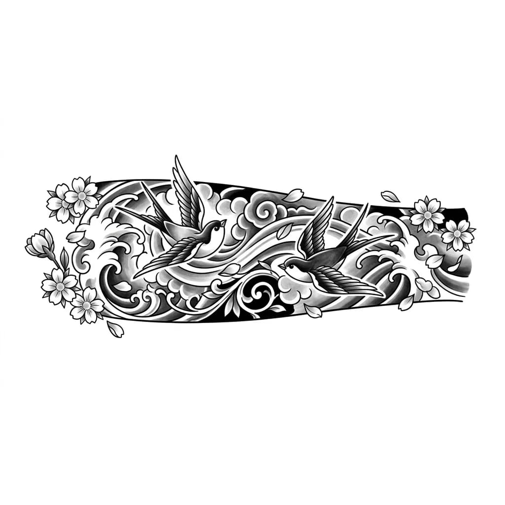 Meaningful Japanese tattoo for inner forearm, two swallows connected by the wind of destiny, one swallow ascending toward the heavens representing a loved one remembered forever, one swallow flying toward the future representing a new soul entering life.
Surrounded by delicate sakura blossoms, falling petals, one flower bud and several fully opened flowers symbolizing the cycle of life, death and rebirth.