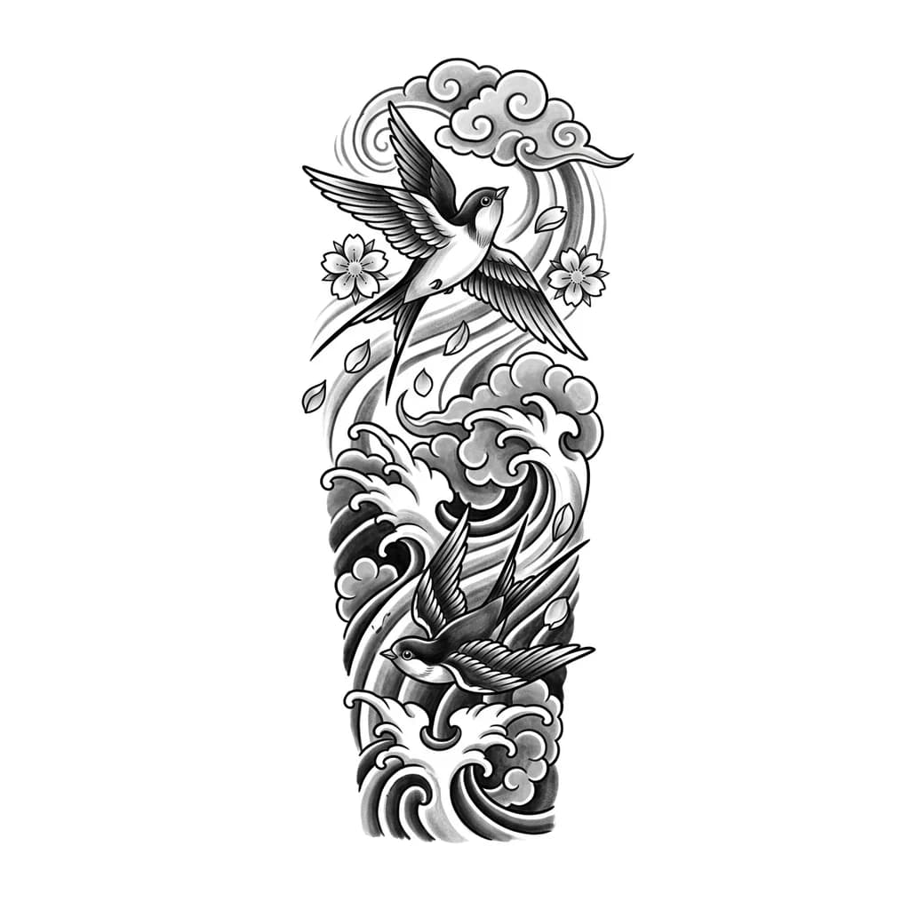 Japanese inspired forearm tattoo design, vertical composition for inner forearm, 18 cm tall, black and grey tattoo, two swallows with deep emotional symbolism.
The upper swallow represents a beloved person who has passed away, flying gracefully upward toward the sky, surrounded by drifting sakura petals carried by the wind, expressing remembrance, peace and eternal connection.