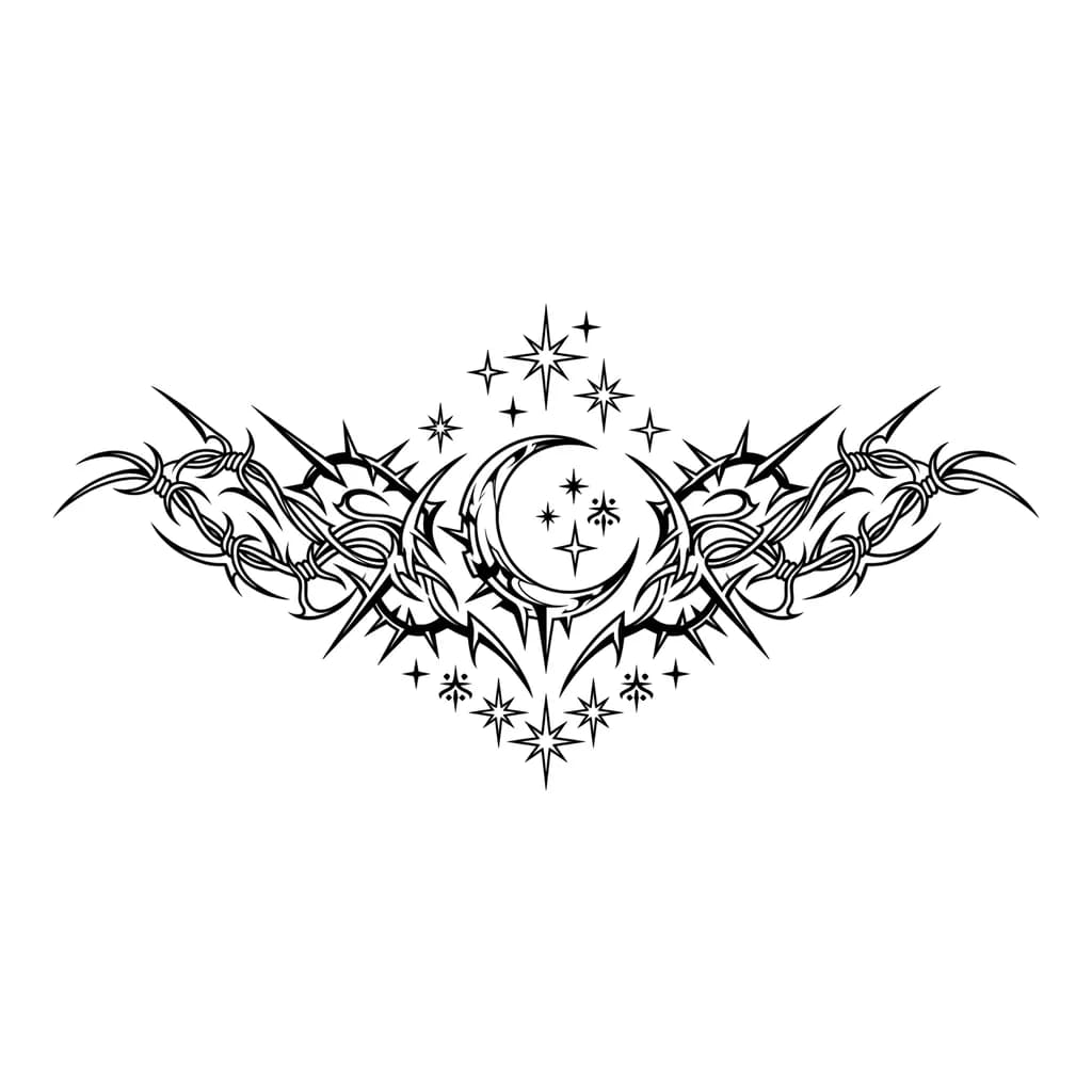 I want a moon surrounded by stars like a cyber sigilism style But I don’t want the stars to be like covering too much so I want the moon in the like a crescent moon in the middle and then some stars in stars On top and then some stars on the bottom of the moon yeah something like that