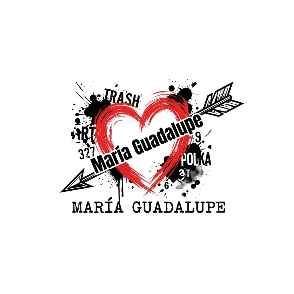 Quiero que me hagas un estencil de tatuaje donde sea un corazón que el contorno sea como una pincelada color rojo, con una flecha atravesada y parte de la flecha es el nombre de María Guadalupe dejándole ala flecha la punta y lo de atras