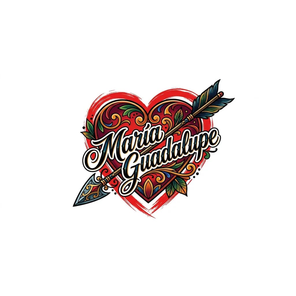 Quiero que me hagas un estencil de tatuaje donde sea un corazón que el contorno sea como una pincelada color rojo, con una flecha atravesada y parte de la flecha es el nombre de María Guadalupe dejándole ala flecha la punta y lo de atras