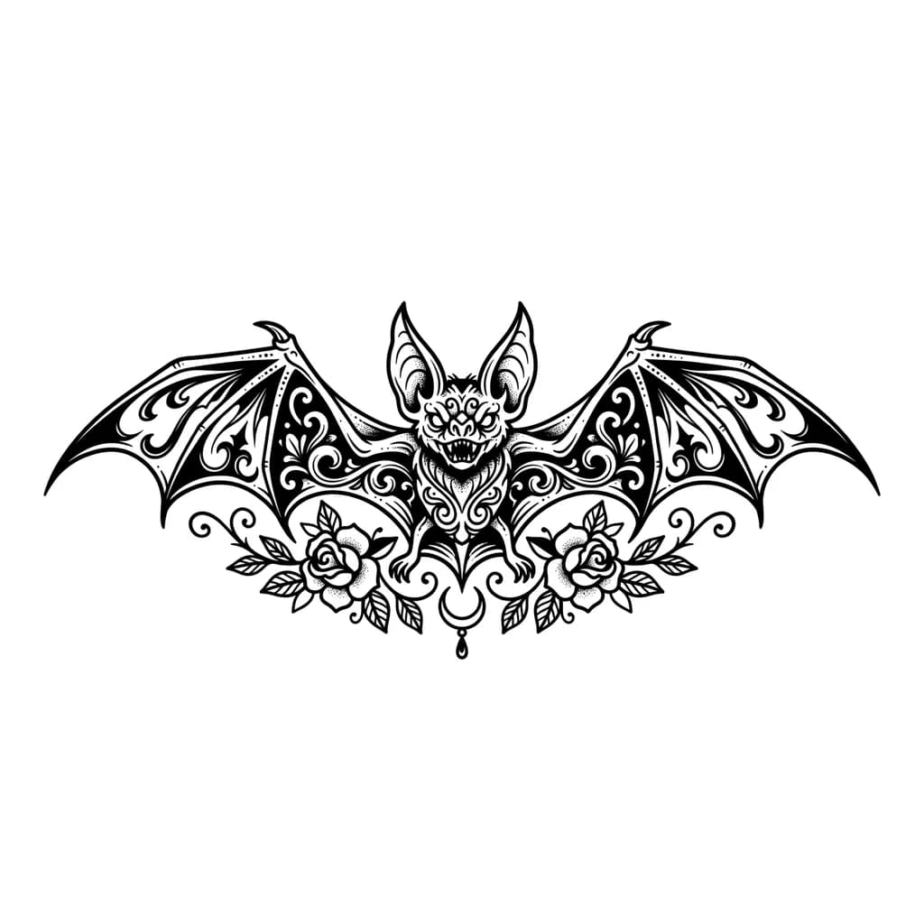 blackwork bat tattoo, wings spread, elegant gothic style, clean linework, minimal shading, vintage tattoo flash, monochrome, shoulder tattoo design, high contrast, tattoo stencil, dark but sophisticated