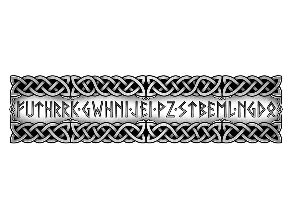 an armband tattoo with Keltic designs on the outside and middle with Norse lettering in between