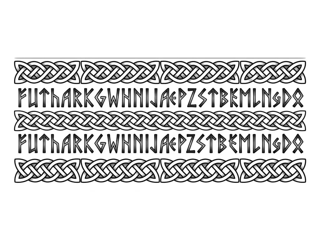 an armband tattoo with Keltic designs on the top, bottom and middle with Norse lettering in between