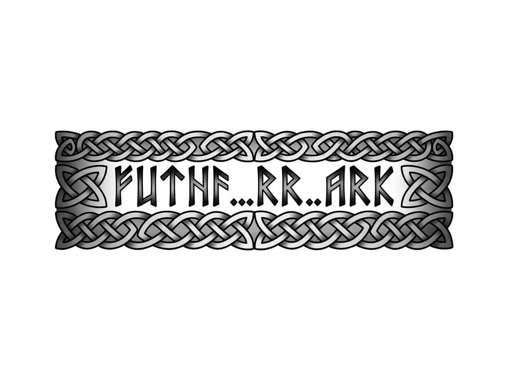 an armband tattoo with Keltic designs on the top, bottom and middle with Norse lettering in between