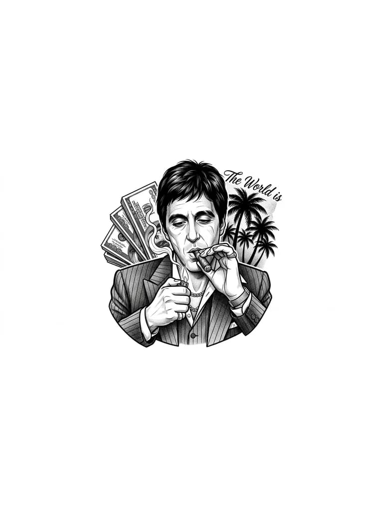 el tatuaje es de tony montana de scarface ensendiendo un puro y en el fondo billetes y palmeras y la frase obvio