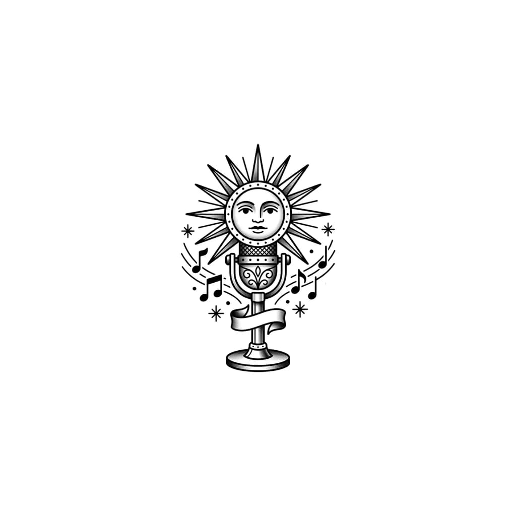 A microphone with its head designed as a sun with radiating rays, black and white monochrome ink style, minimalist design with clean geometric lines, musical notes flowing around the sun-microphone, professional tattoo flash sheet illustration, white background, high contrast, clean lines