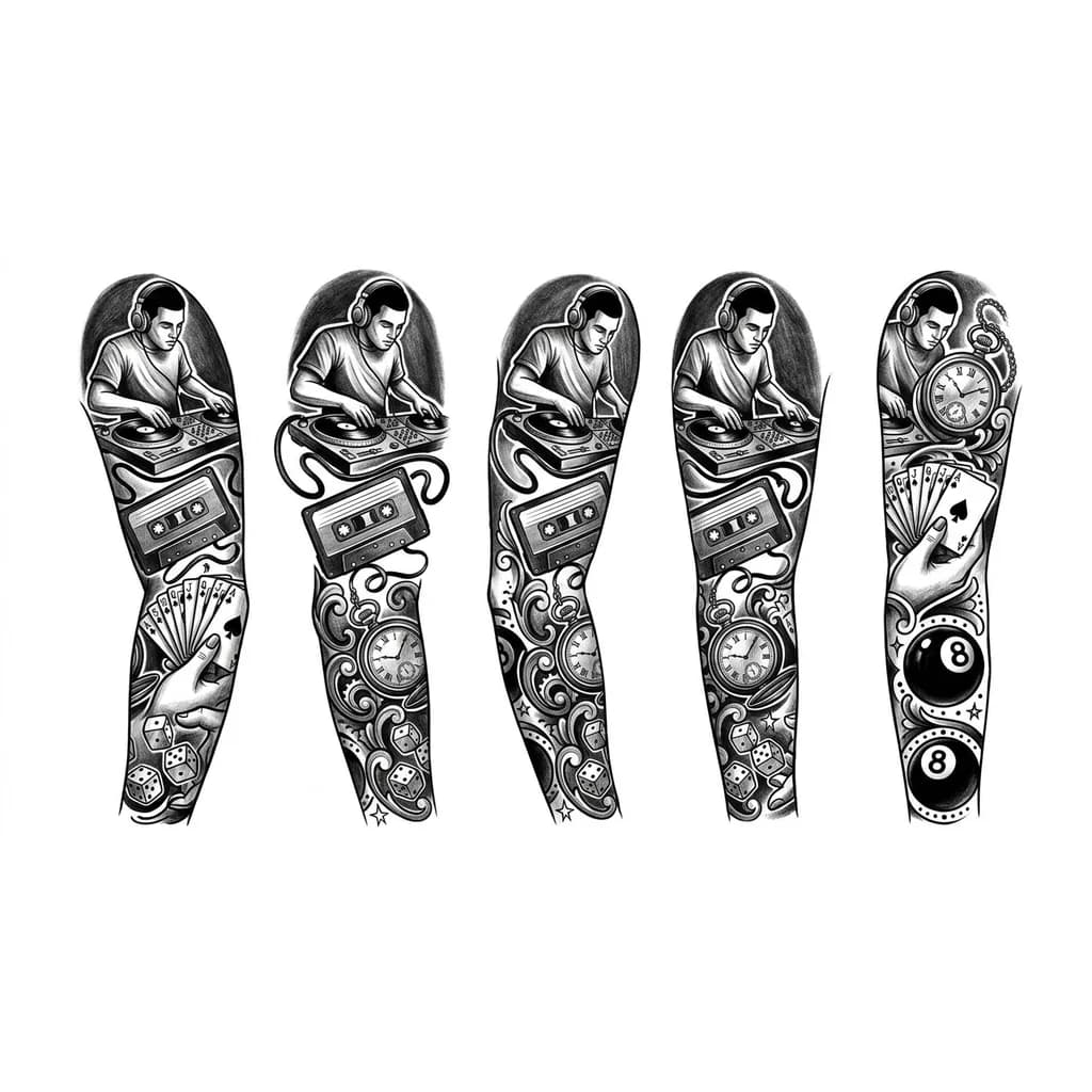 Sleeve tattoo, with DJ behind the mix, headphones, with waving cable, a cassette, chain clock, playing cards, billiard 8, playing dice,